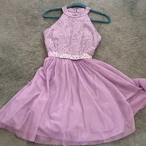 Lace halter evening gown in lilac